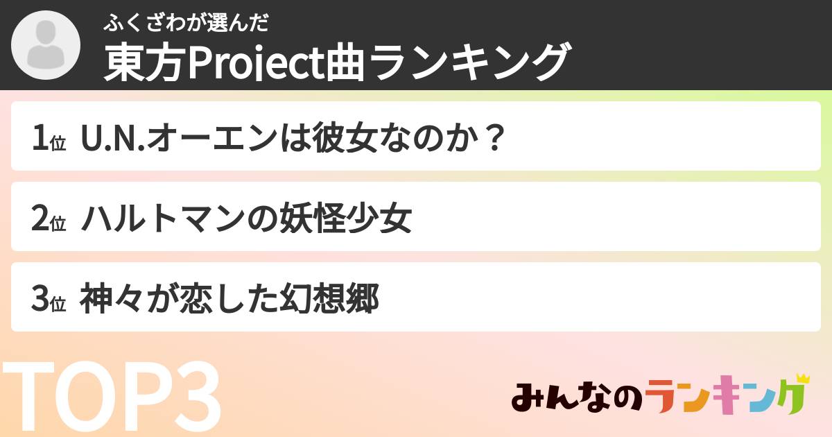 ふくざわさんの「東方Project曲ランキング」