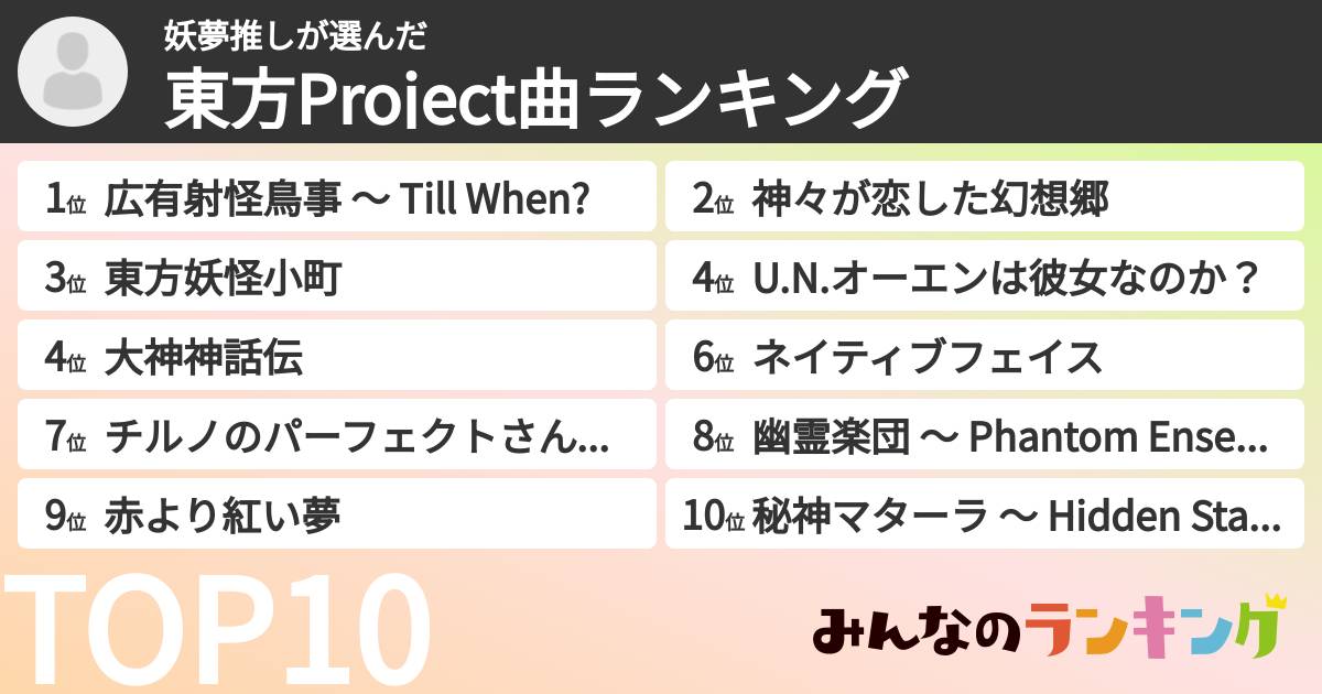 妖夢推しさんの「東方Project曲ランキング」