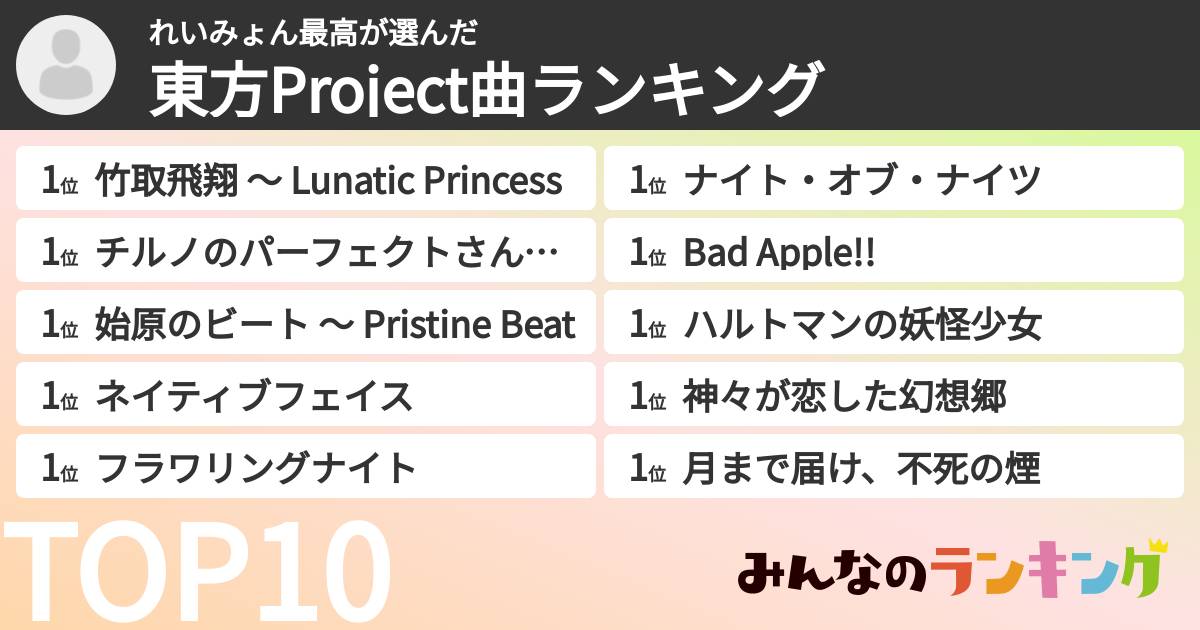 れいみょん最高さんの「東方Project曲ランキング」