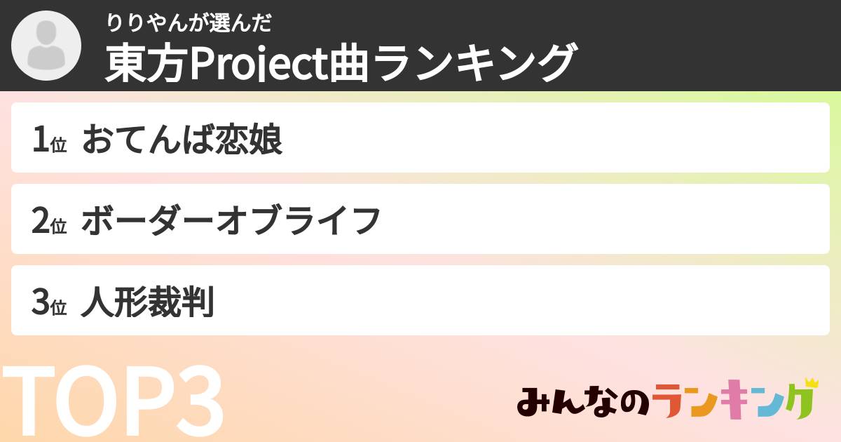 りりやんさんの「東方Project曲ランキング」