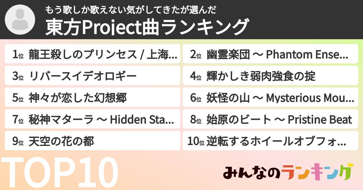もう歌しか歌えない気がしてきたさんの「東方Project曲ランキング」