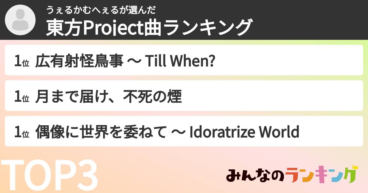 うぇるかむへぇるさんの「東方Project曲ランキング」