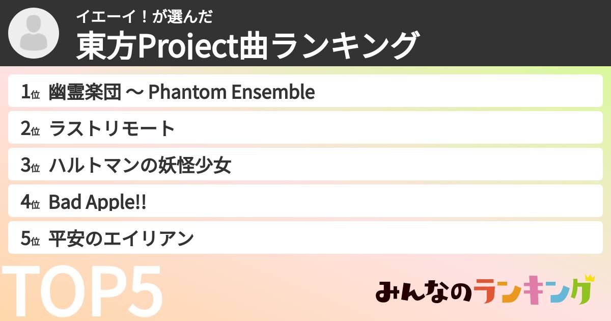イエーイ！さんの「東方Project曲ランキング」