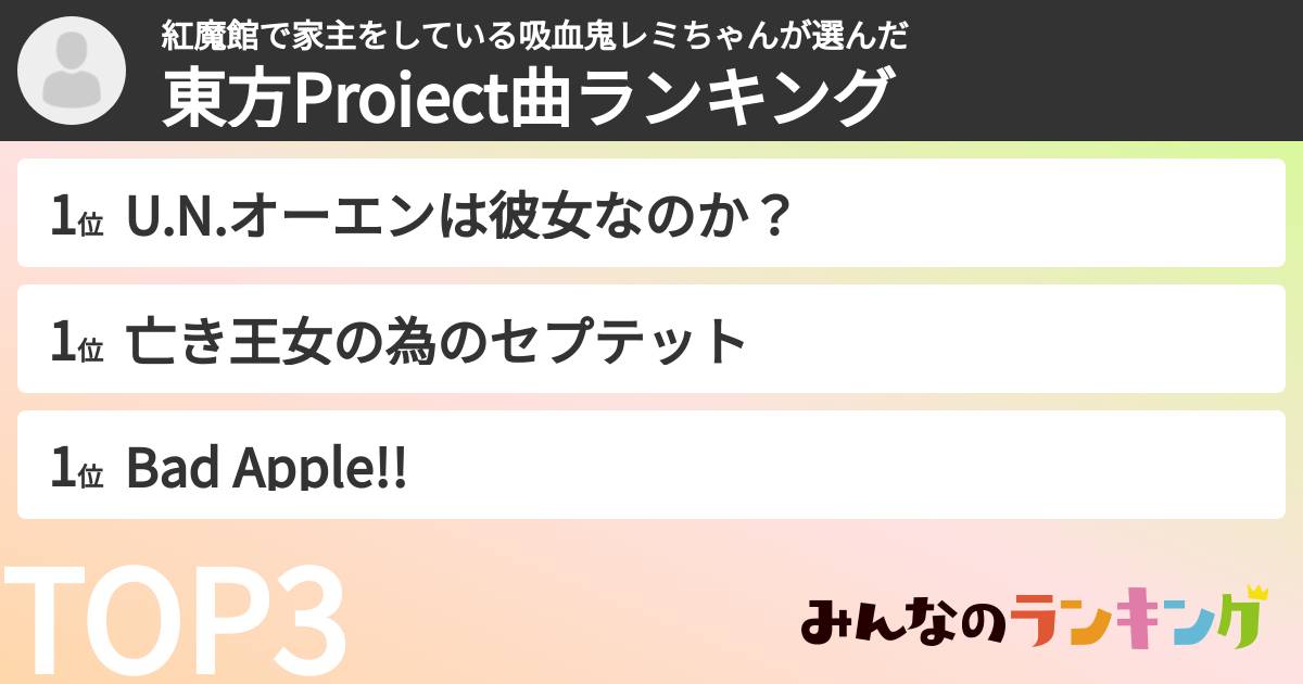 紅魔館で家主をしている吸血鬼レミちゃんさんの「東方Project曲ランキング」