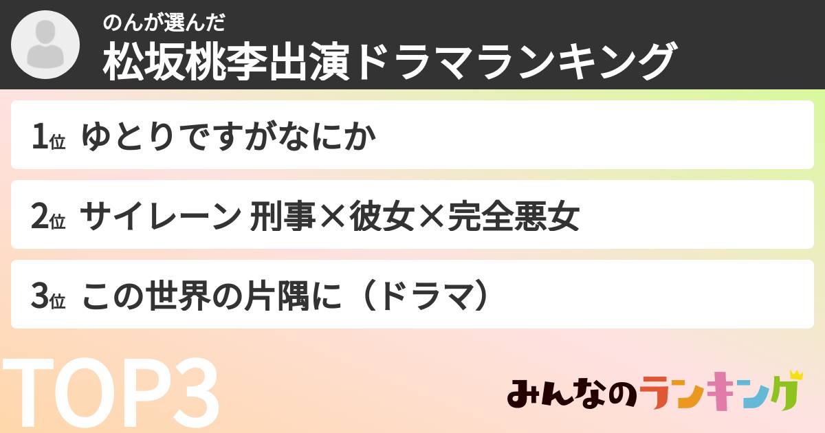 のんさんの「松坂桃李出演ドラマランキング」