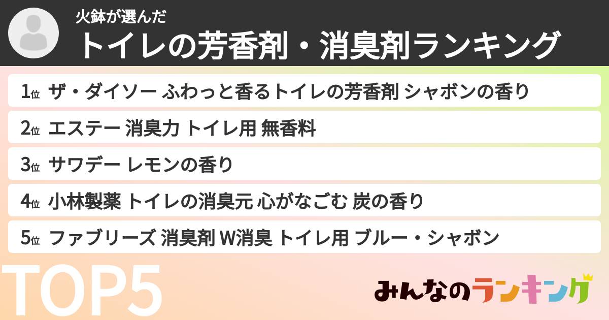 火鉢さんの「トイレの芳香剤・消臭剤ランキング」