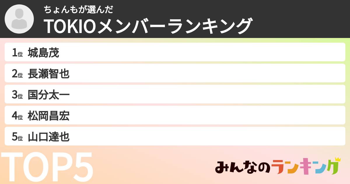 ちょんもさんの「TOKIOメンバーランキング」