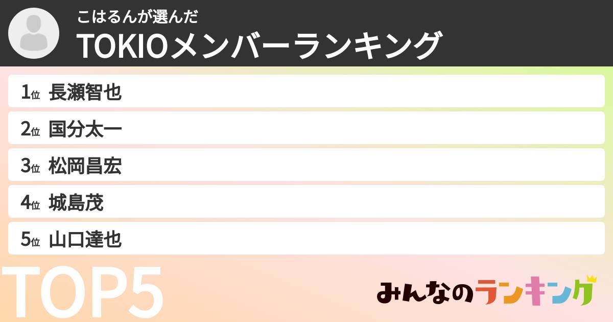 こはるんさんの「TOKIOメンバーランキング」