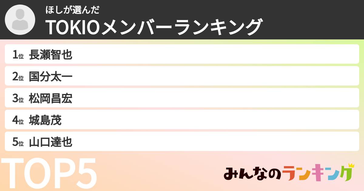 ほしさんの「TOKIOメンバーランキング」