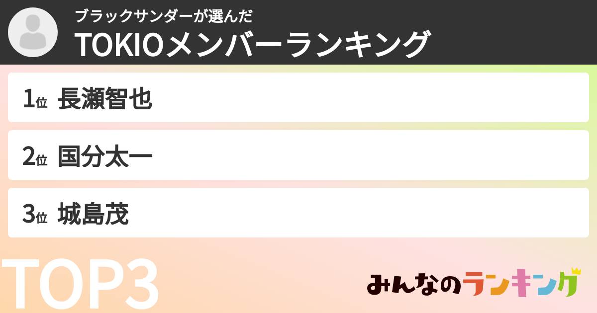ブラックサンダーさんの「TOKIOメンバーランキング」