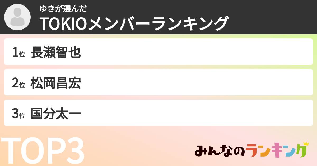ゆきさんの「TOKIOメンバーランキング」
