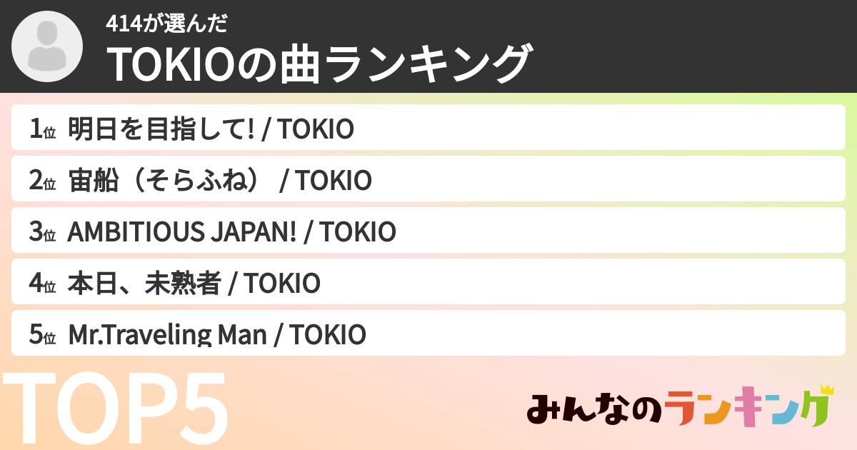 414さんの「TOKIOの曲ランキング」