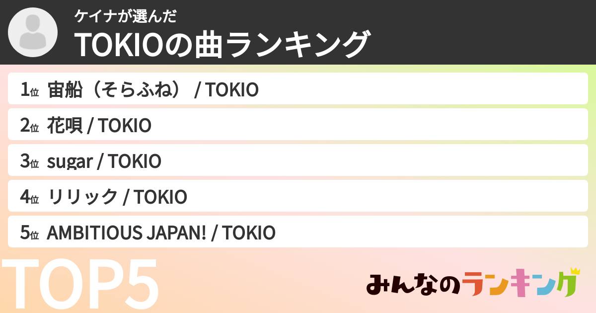 ケイナさんの「TOKIOの曲ランキング」