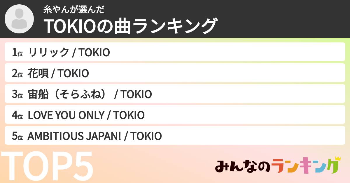 糸やんさんの「TOKIOの曲ランキング」