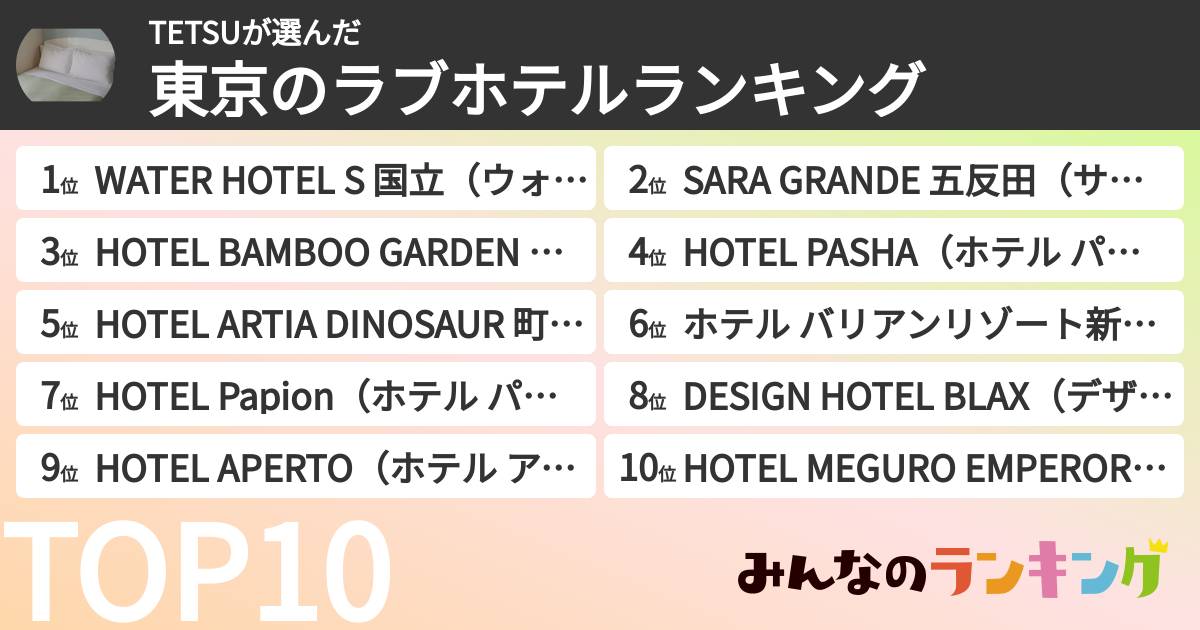 TETSUさんの「東京のラブホテルランキング」