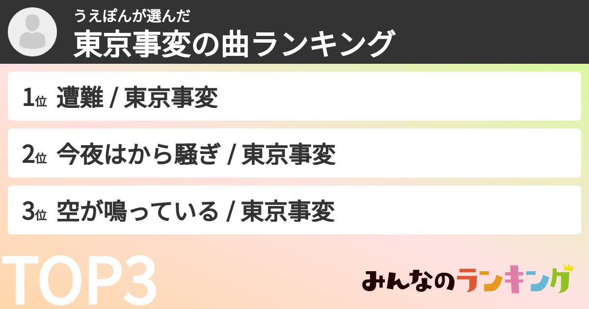 うえぽんさんの「東京事変の曲ランキング」