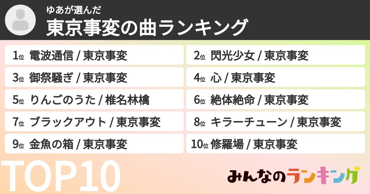 ゆあさんの「東京事変の曲ランキング」