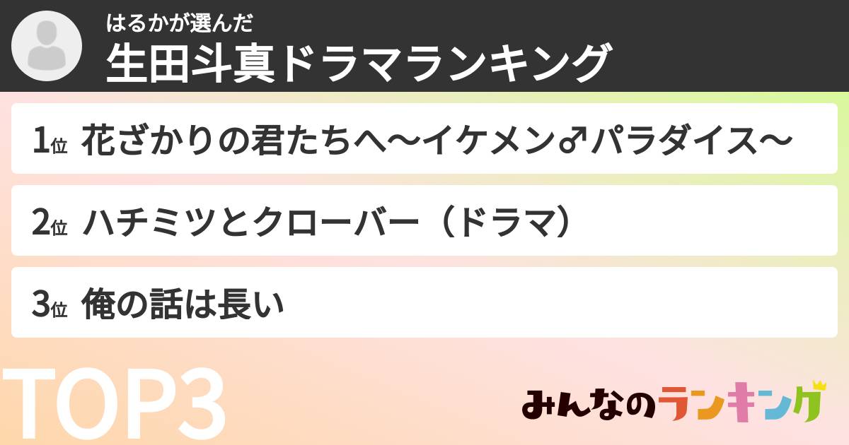 はるかさんの「生田斗真ドラマランキング」