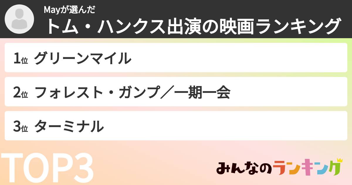 Mayさんの「トム・ハンクス出演の映画ランキング」