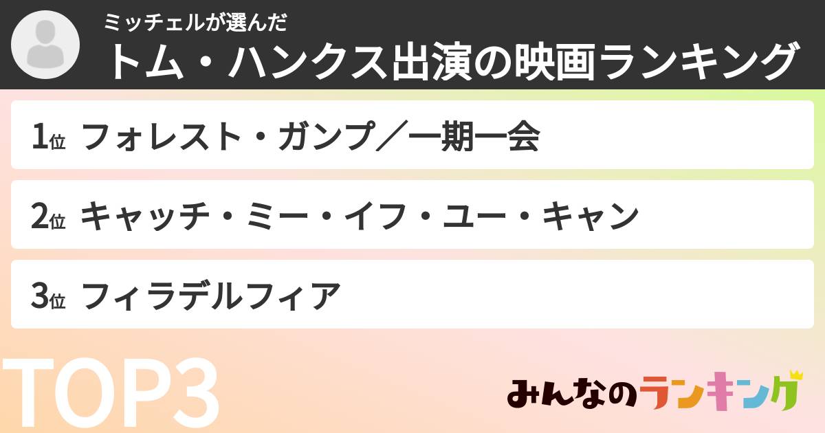 ミッチェルさんの「トム・ハンクス出演の映画ランキング」