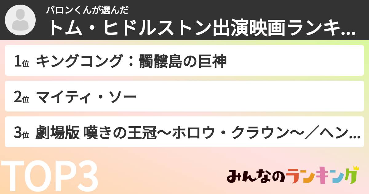 バロンくんさんの「トム・ヒドルストン出演映画ランキング」