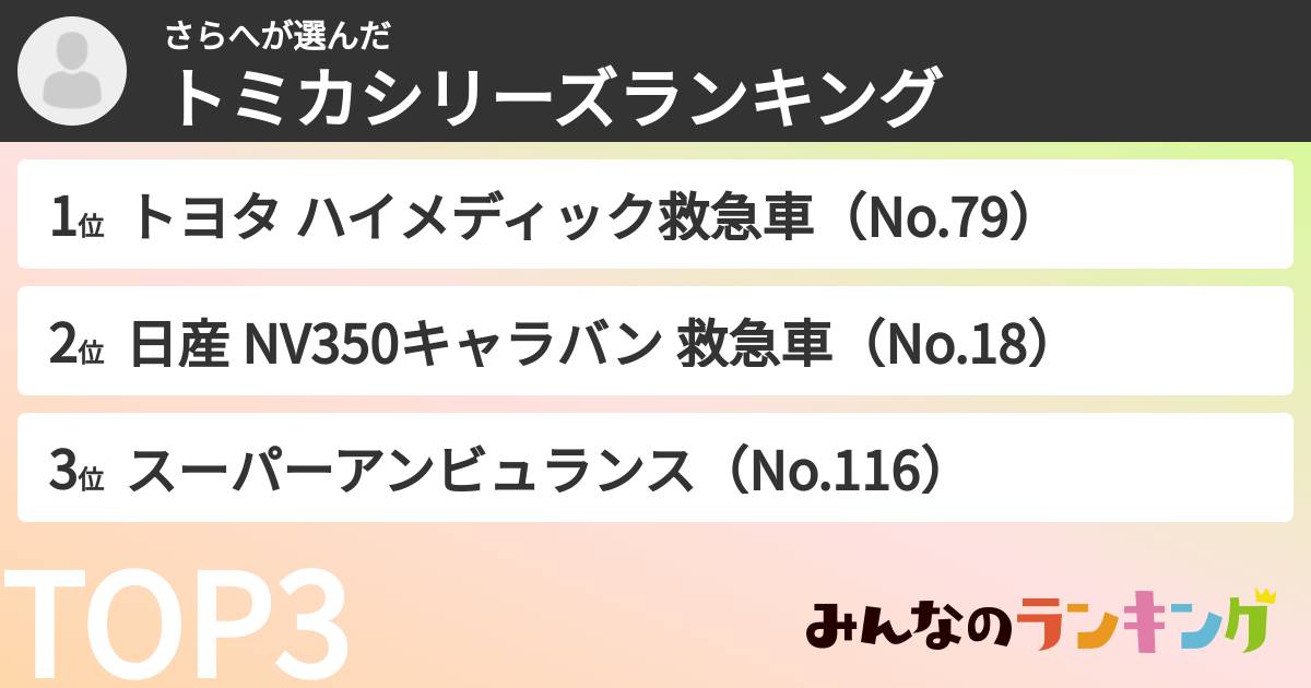 さらへさんの「トミカシリーズランキング」