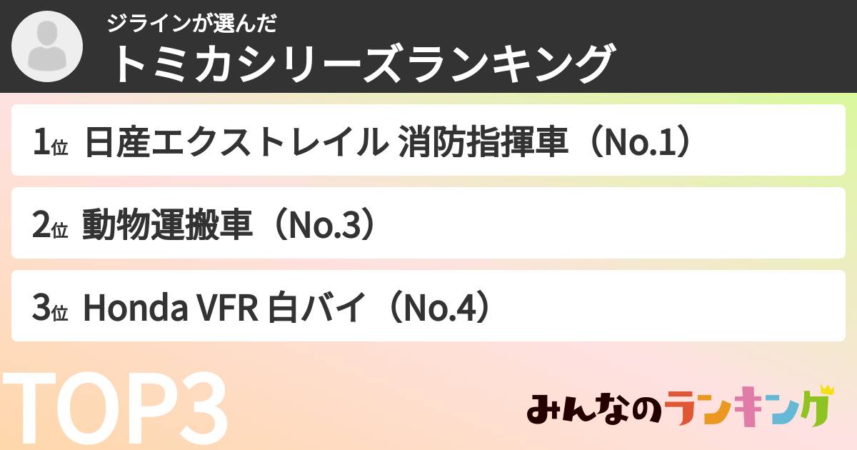 ジラインさんの「トミカシリーズランキング」