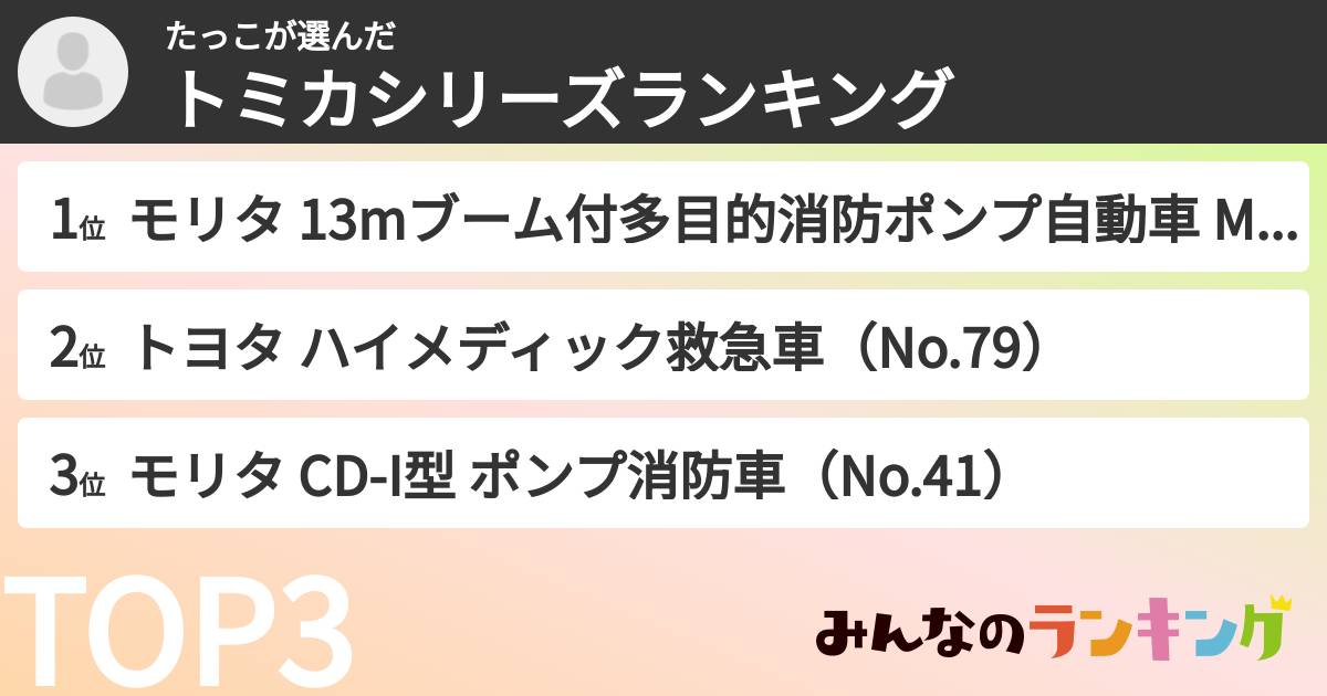 たっこさんの「トミカシリーズランキング」