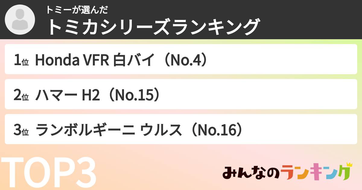 トミーさんの「トミカシリーズランキング」