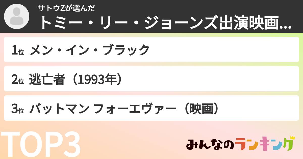 サトウZさんの「トミー・リー・ジョーンズ出演映画ランキング」