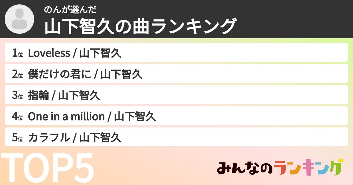 のんさんの「山下智久の曲ランキング」