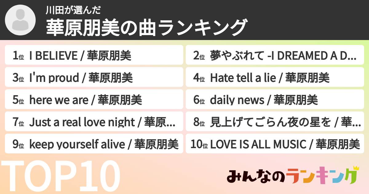 川田さんの「華原朋美の曲ランキング」
