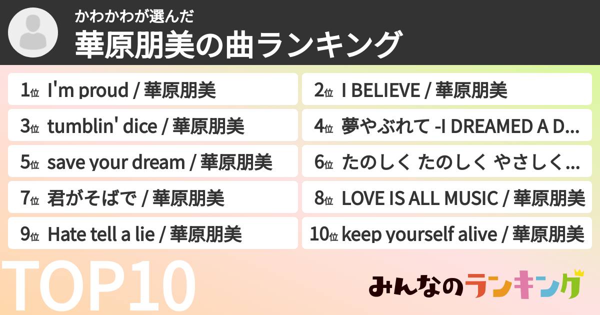 かわかわさんの「華原朋美の曲ランキング」