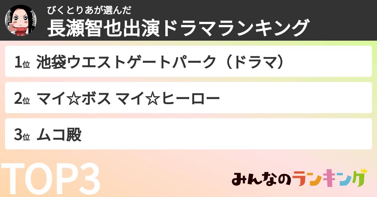 びくとりあさんの「長瀬智也出演ドラマランキング」