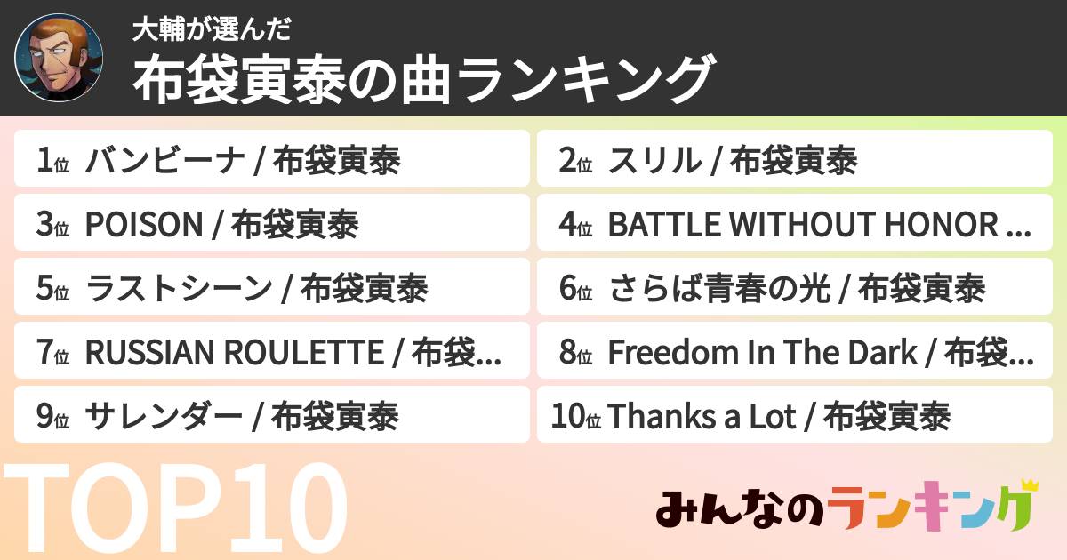 大輔さんの「布袋寅泰の曲ランキング」
