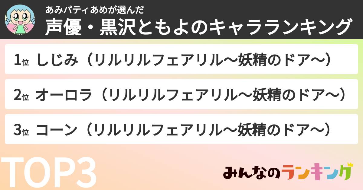 あみパティあめさんの「声優・黒沢ともよのキャラランキング」
