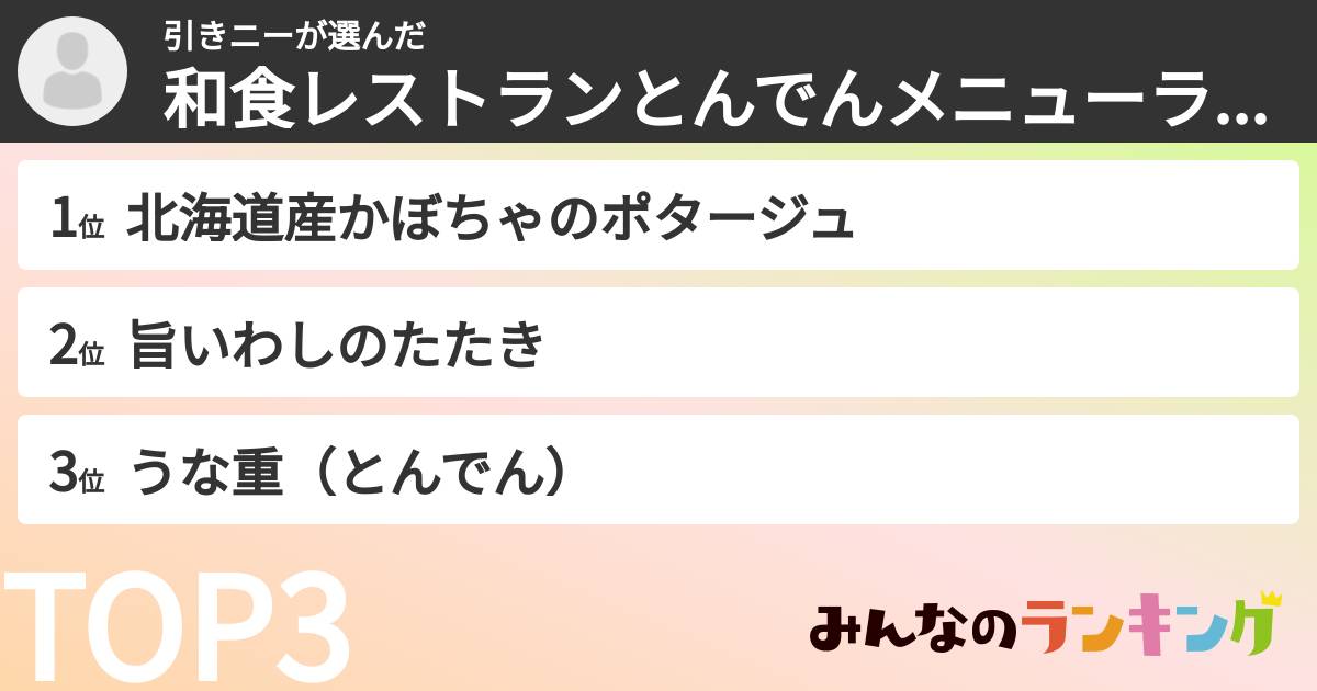 引きニーさんの「和食レストランとんでんメニューランキング」