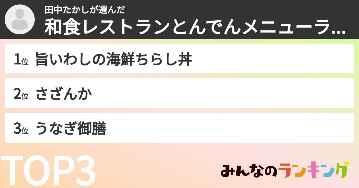 田中たかしさんの「和食レストランとんでんメニューランキング」