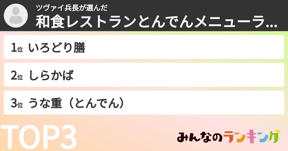 ツヴァイ兵長さんの「和食レストランとんでんメニューランキング」