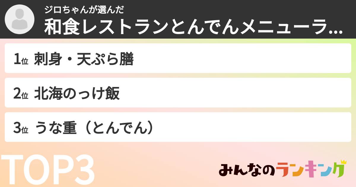 ジロちゃんさんの「和食レストランとんでんメニューランキング」