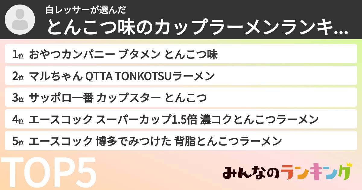 白レッサーさんの「とんこつ味のカップラーメンランキング」