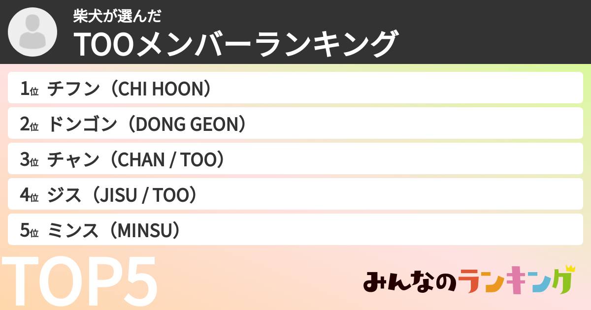 柴犬さんの「TOOメンバーランキング」