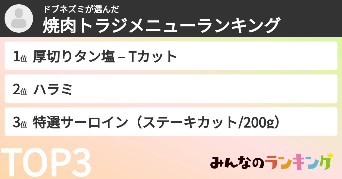 ドブネズミさんの「焼肉トラジメニューランキング」