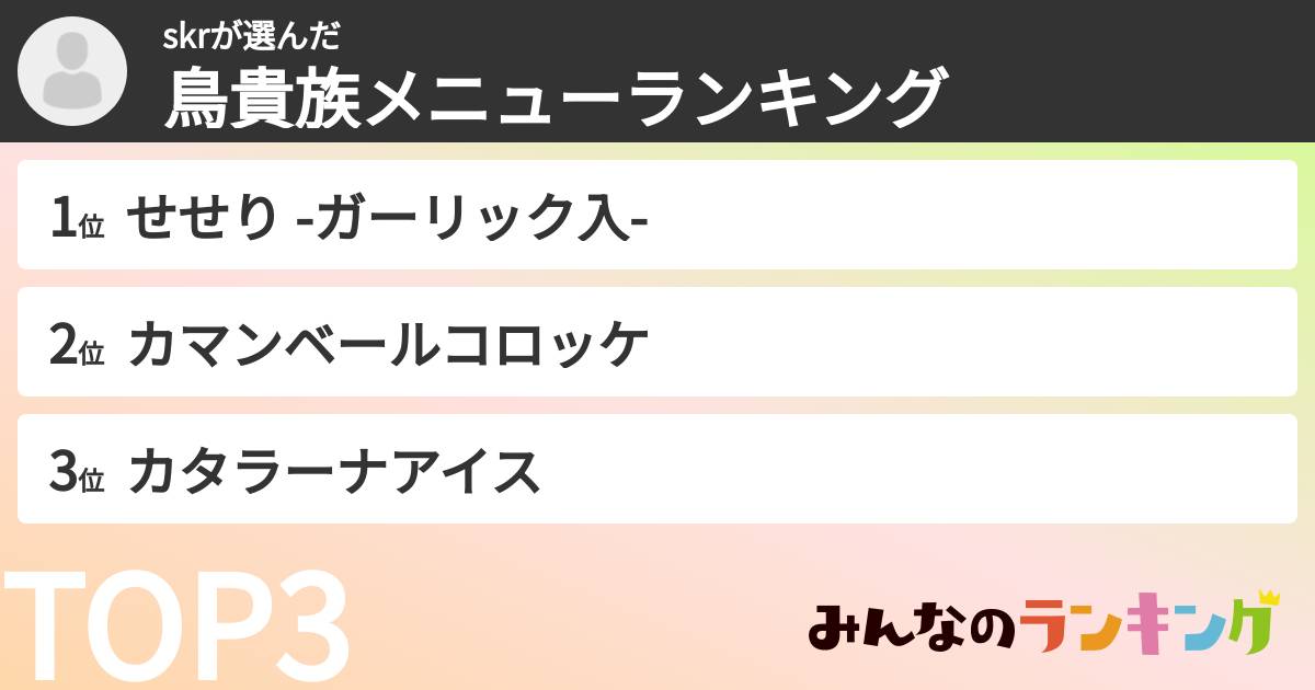 skrさんの「鳥貴族メニューランキング」