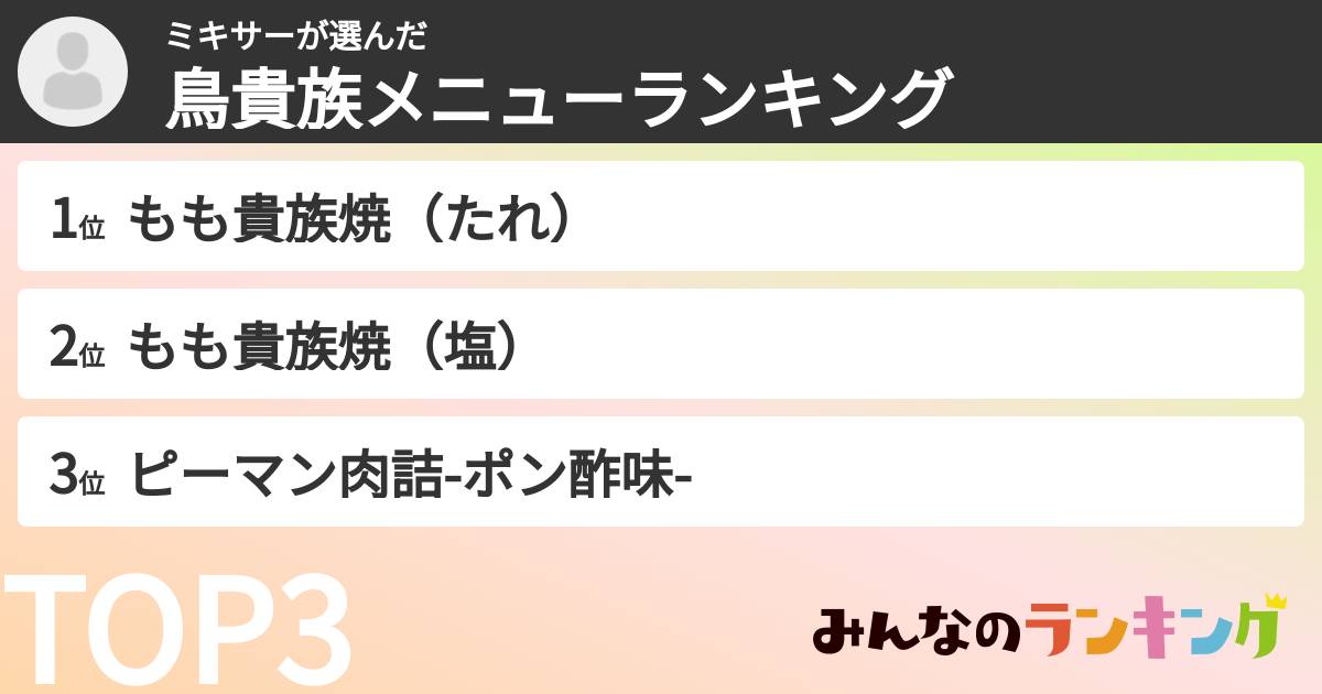 ミキサーさんの「鳥貴族メニューランキング」