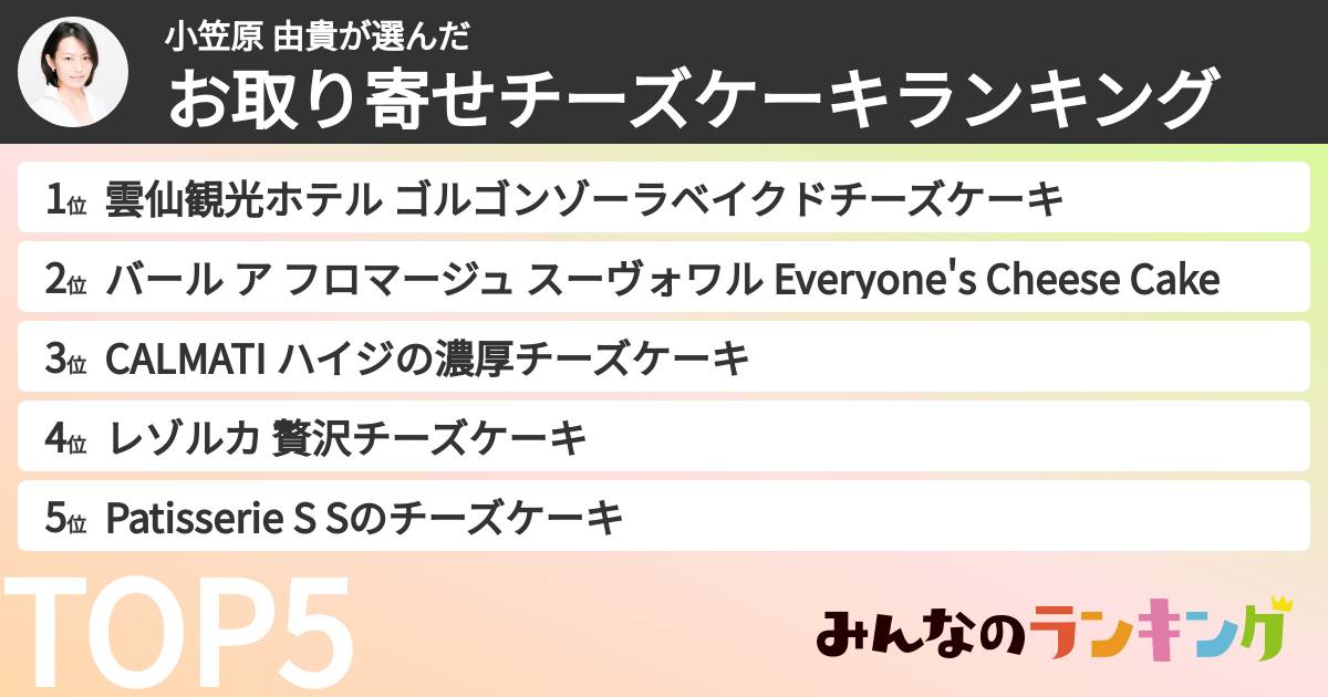 小笠原 由貴さんの「お取り寄せチーズケーキランキング」