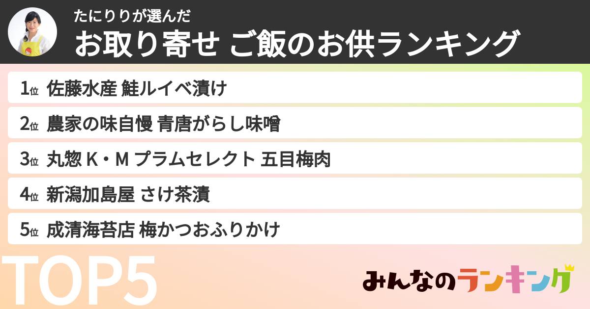 たにりりさんの「お取り寄せ ご飯のお供ランキング」