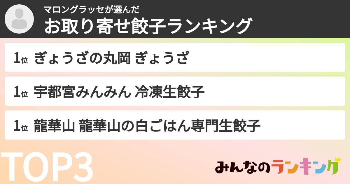 マロングラッセさんの「お取り寄せ餃子ランキング」