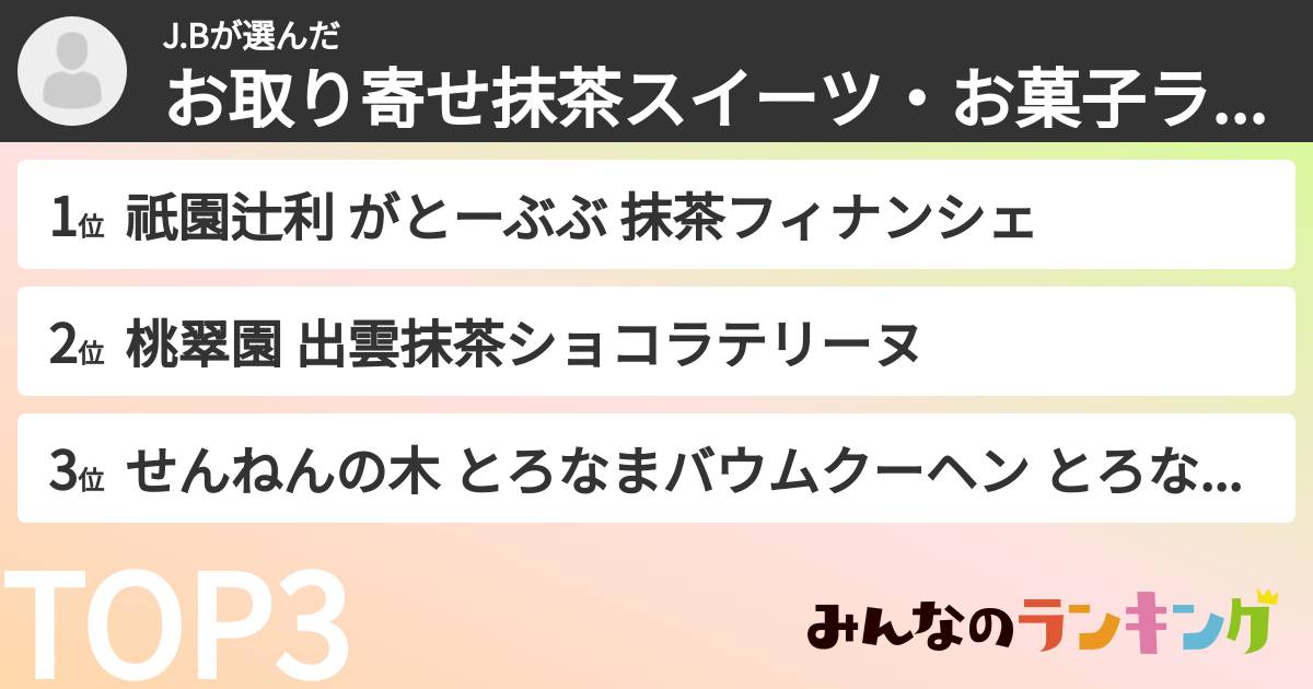 J.Bさんの「お取り寄せ抹茶スイーツ・お菓子ランキング」