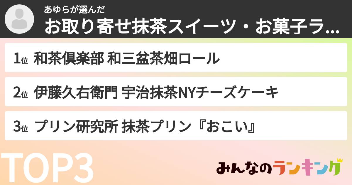 あゆらさんの「お取り寄せ抹茶スイーツ・お菓子ランキング」